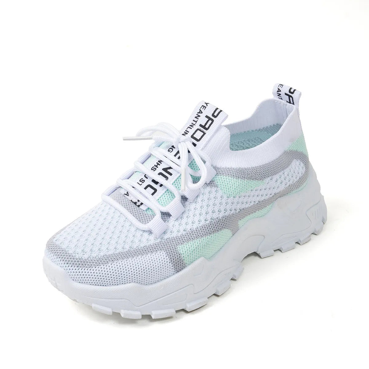 Women's Flyknit mesh sneakers in grey and white colour with flat rubber sole and lace-up front.