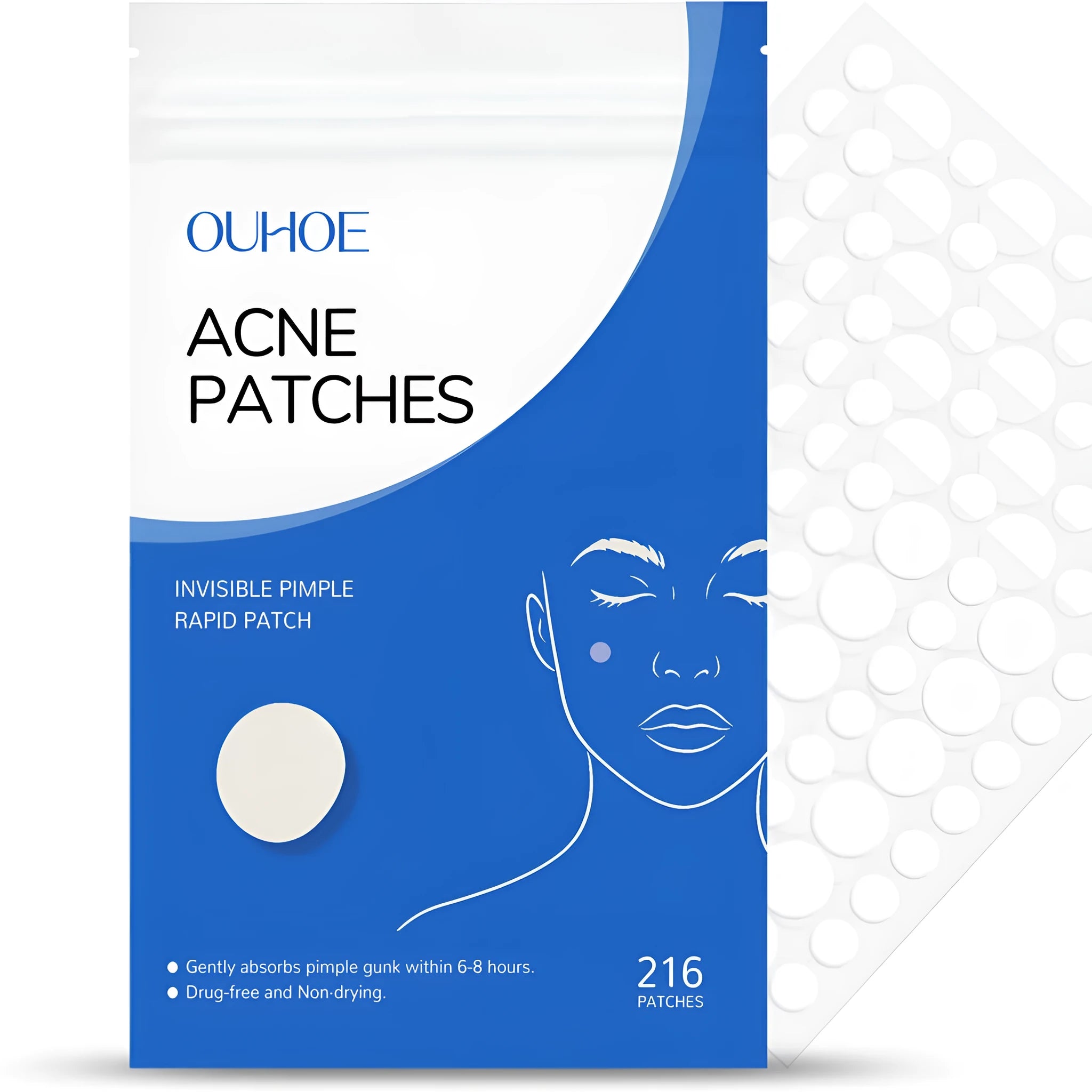 Pack of 216 clear hydrocolloid acne patches for blemish treatment with tea tree oil and vitamin E.