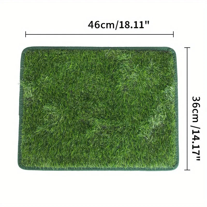 Artificial grass dog toilet training mat on a floor, shown in small, medium, and large sizes.