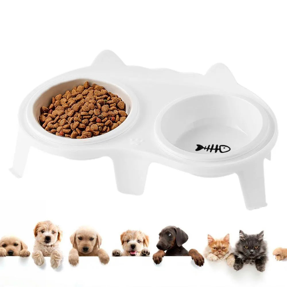 Ceramic cat food and water bowl set on elevated tilted stand with hook design in blue colour