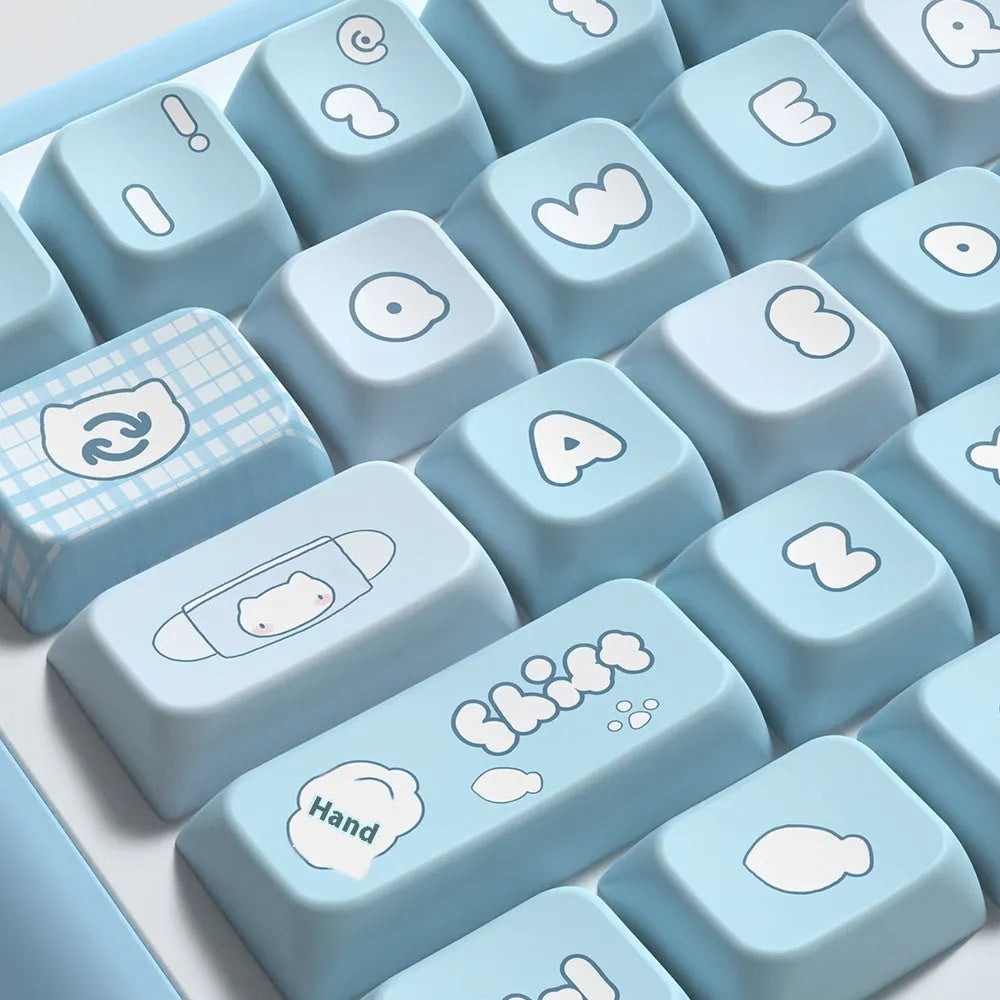 Watercolour kitten design custom PBT keycap set for mechanical keyboards, showing 138-key and 158-key options.
