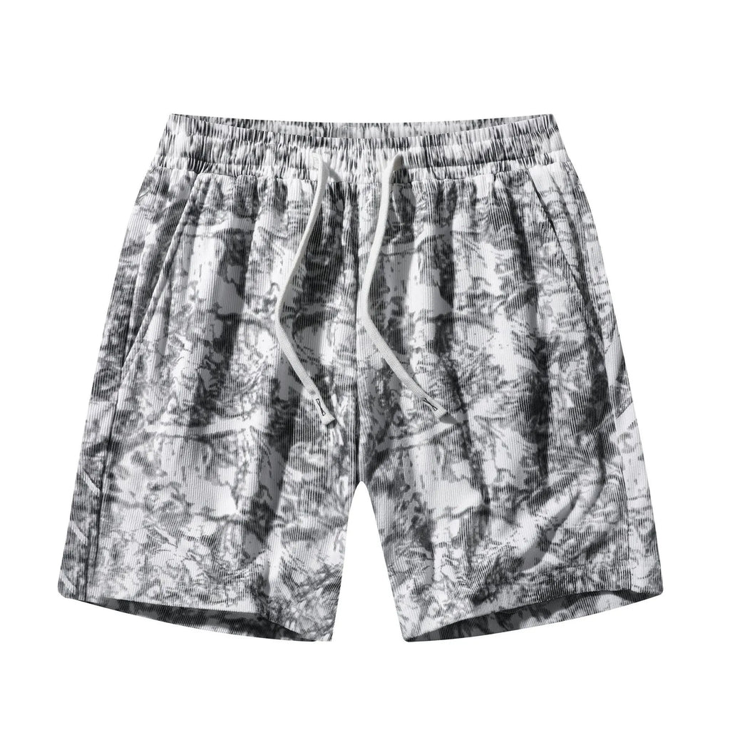 Men's camouflage pattern corduroy athletic shorts in straight cut with high waist.