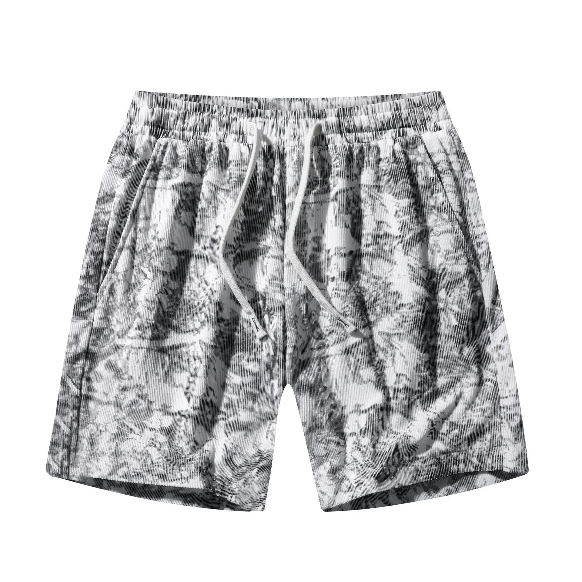Men's camouflage pattern corduroy athletic shorts in straight cut with high waist.