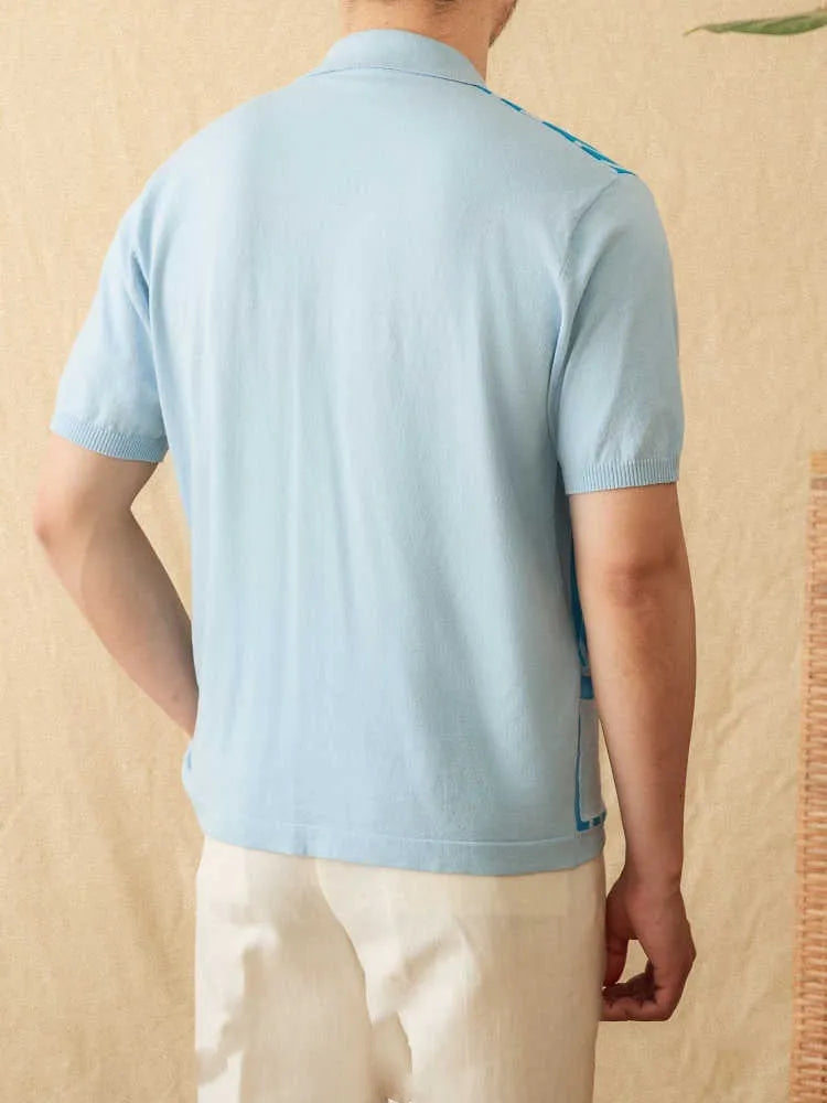 Men's thin striped short-sleeve cardigan polo shirt with a lapel collar, shown in light blue.