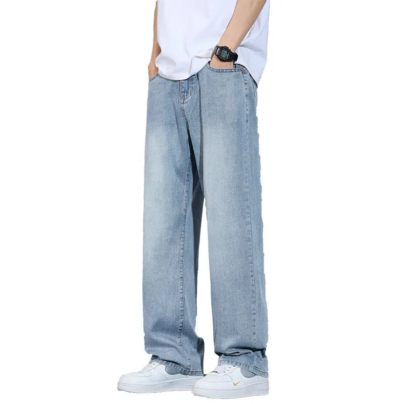 Straight-leg casual trousers in ice silk denim with wide-leg style and zip fly