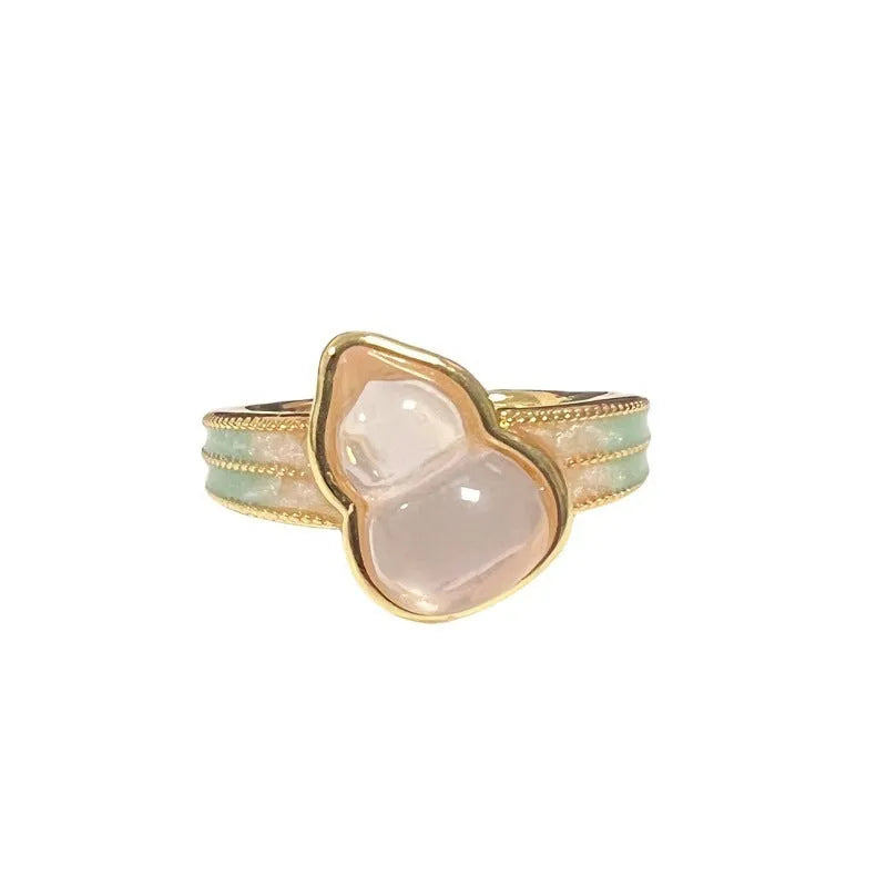 Adjustable vintage oil-dripping gourd copper ring with zircon inlay, showing flower shape in one of six colour options.