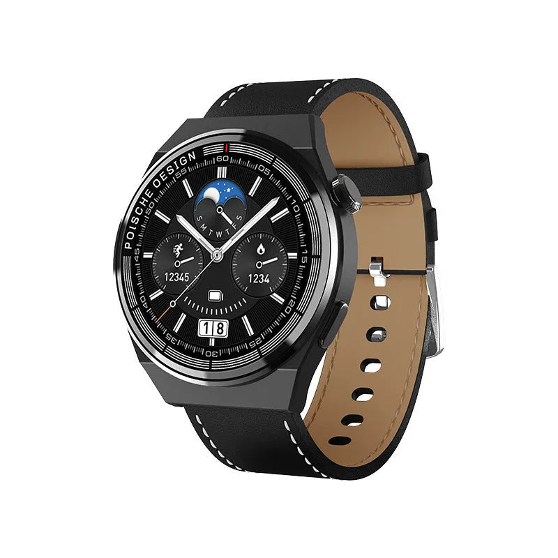 Smartwatch with circular screen on a leather strap, showing NFC payment and calling interface