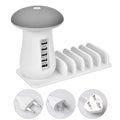 White mushroom-shaped USB charging station with 5 ports and LED lamp for desk organisation