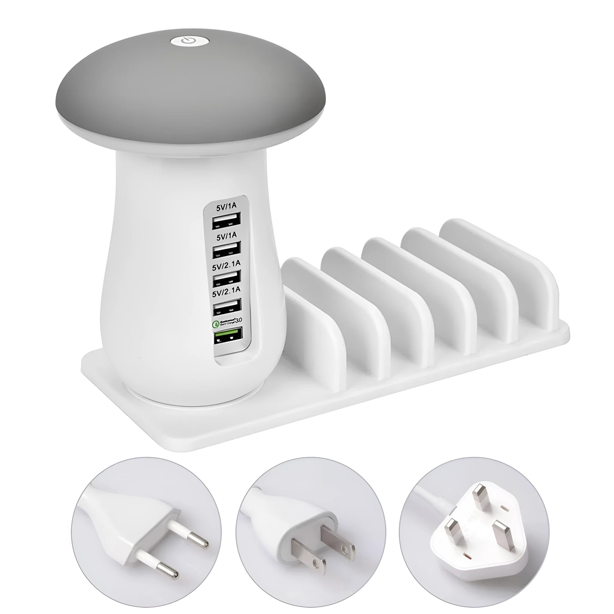 White mushroom-shaped USB charging station with 5 ports and LED lamp for desk organisation