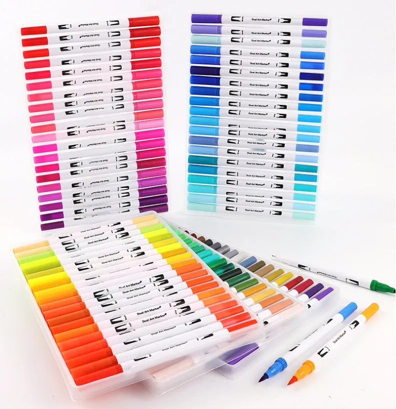 Watercolour pen sets in plastic cases showing 48, 60, 72, and 100 colour options for artists