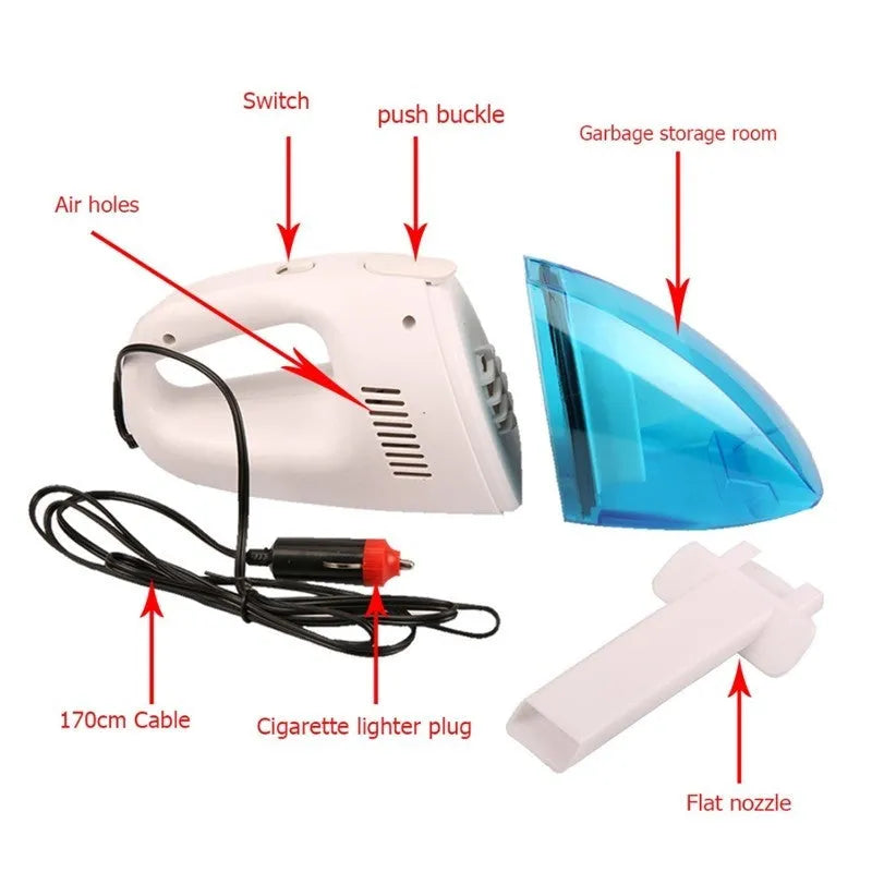 Handheld plastic car mini vacuum cleaner measuring 28x11.5x9cm with a 2.5-metre power cord