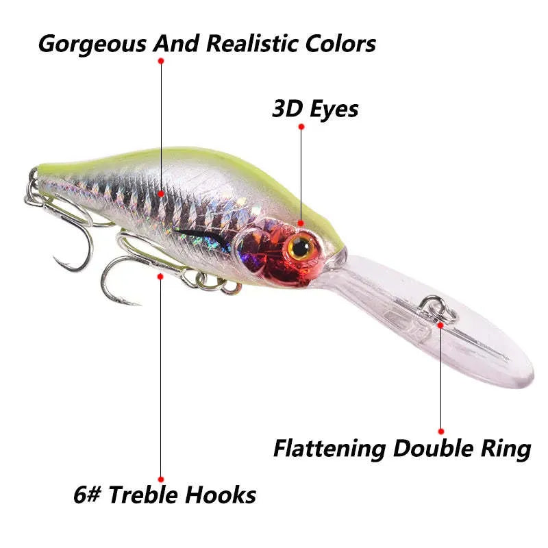 Mino fishing lure with deep diving long tongue board, 10.5cm length, 15g weight, five colour options