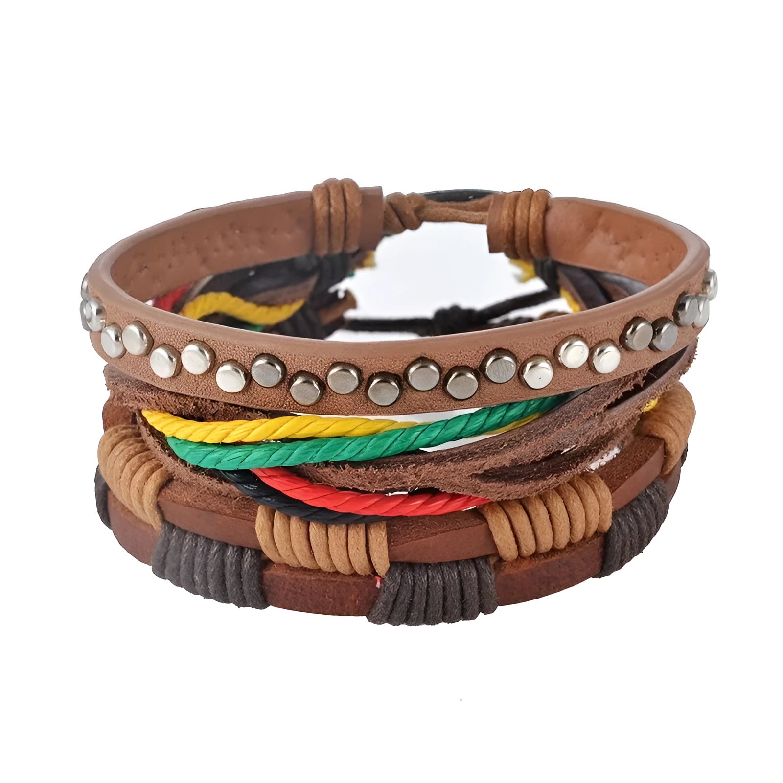 Adjustable leather punk wrap bracelet with wooden beads and multilayer design
