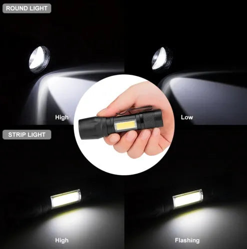 Black mini aluminium alloy telescopic LED flashlight with pocket clip, showing zoom adjustment.