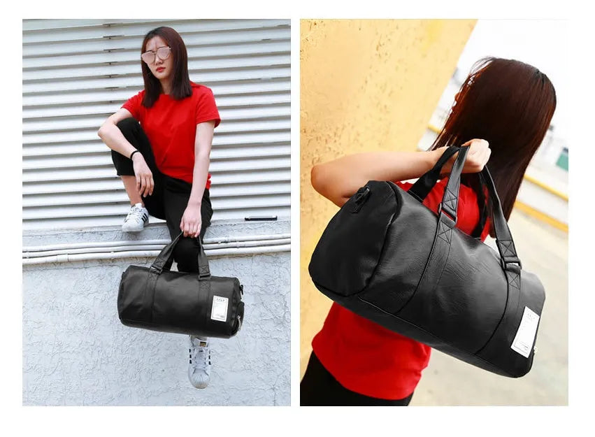 Black waterproof sports bag with side shoe compartments showing diagonal straps and two size options