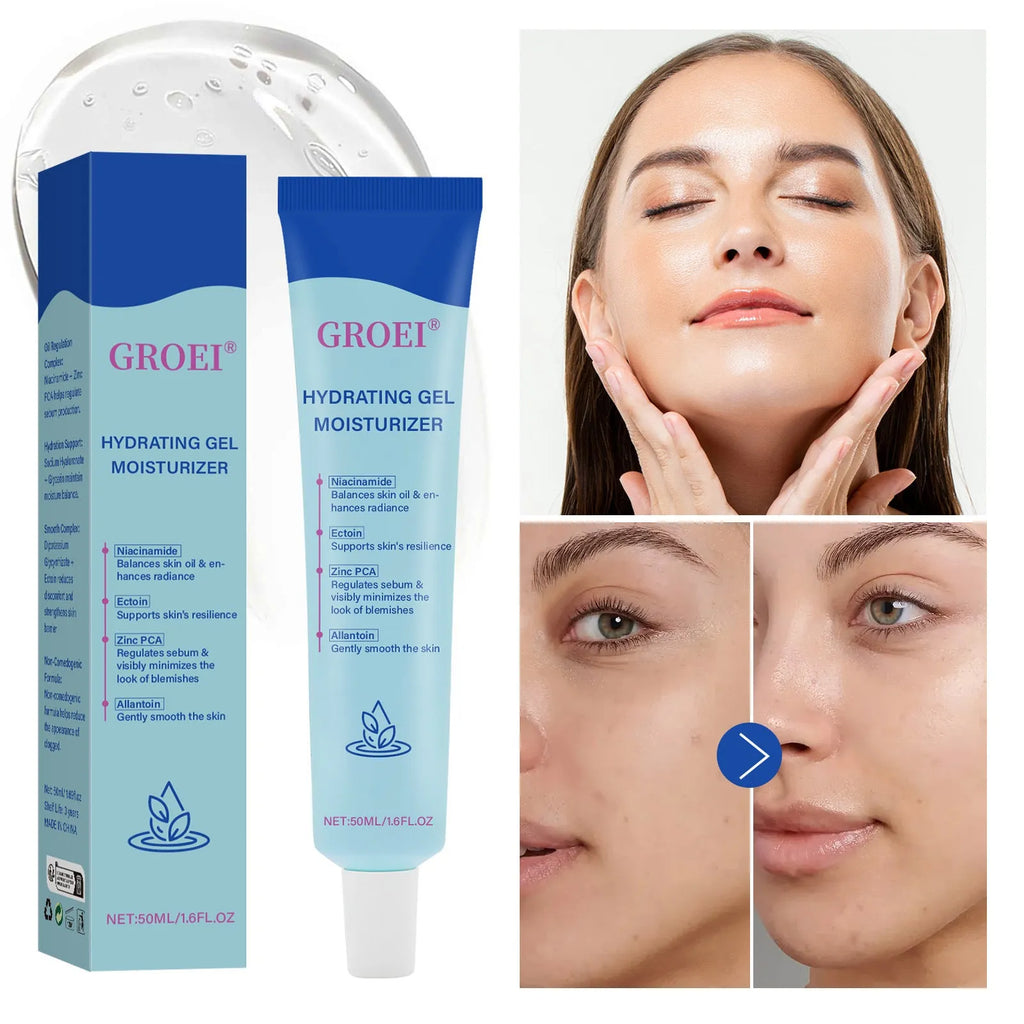 Tube of 50ml moisturising facial gel with hyaluronic acid for hydration.