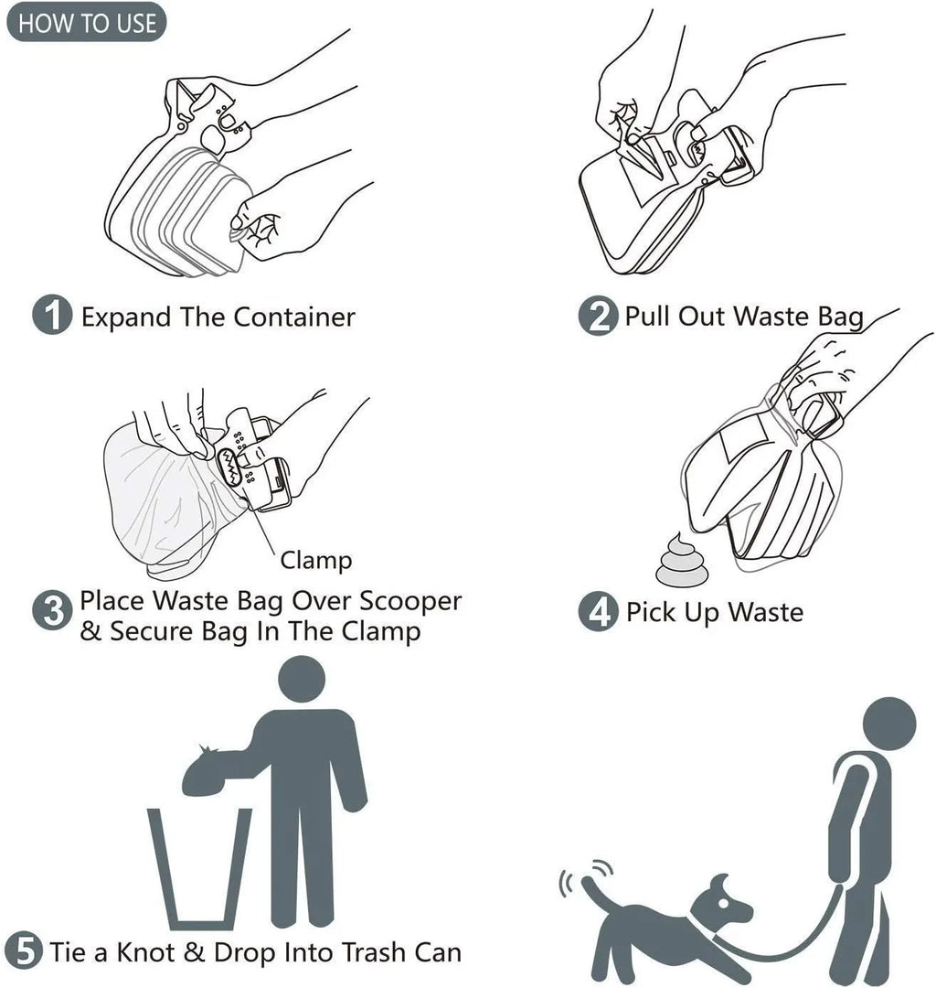 Blue portable pooper scooper with clip, expandable container, and integrated waste bag dispenser for dog waste cleanup.
