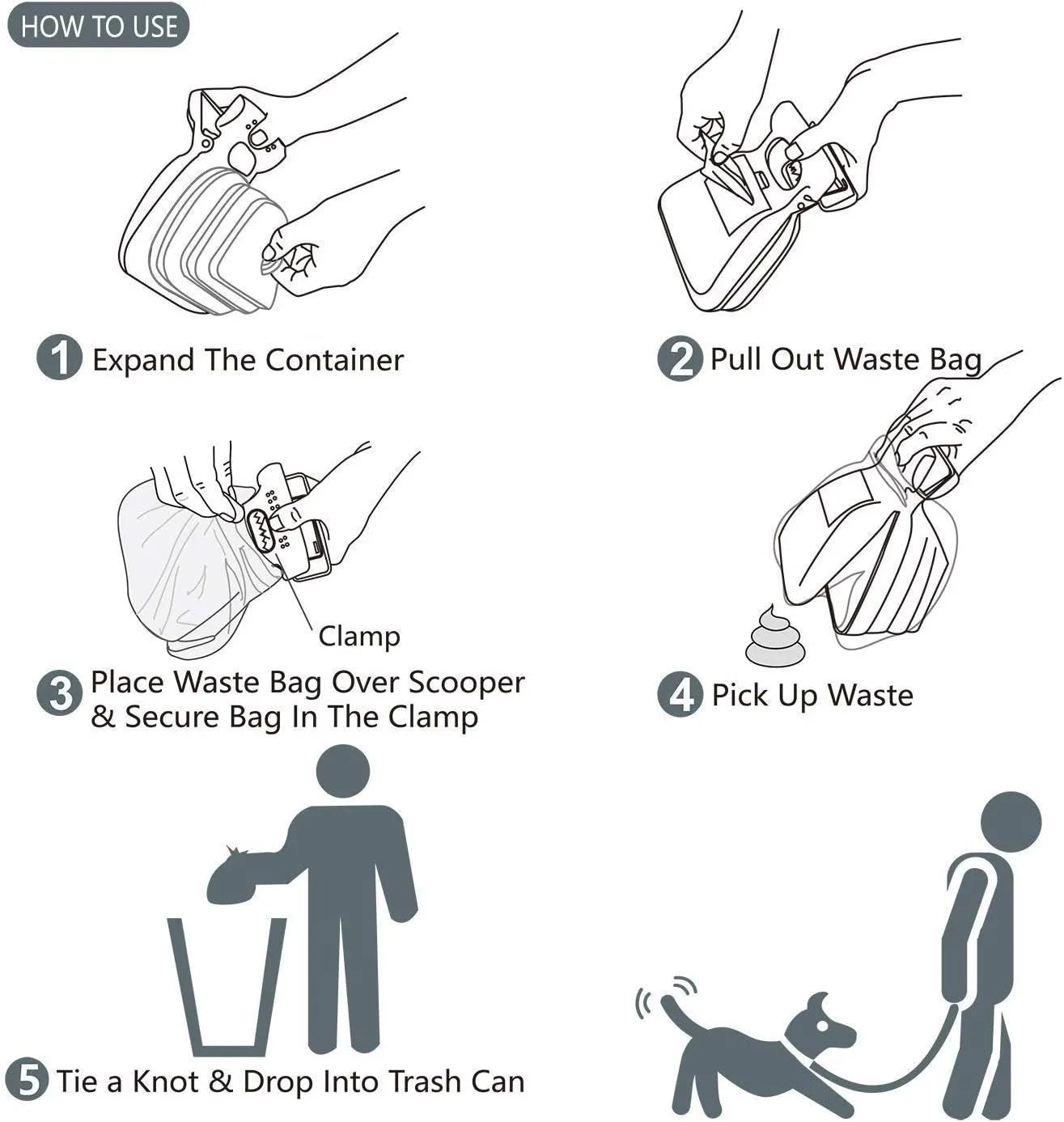 Blue portable pooper scooper with clip, expandable container, and integrated waste bag dispenser for dog waste cleanup.