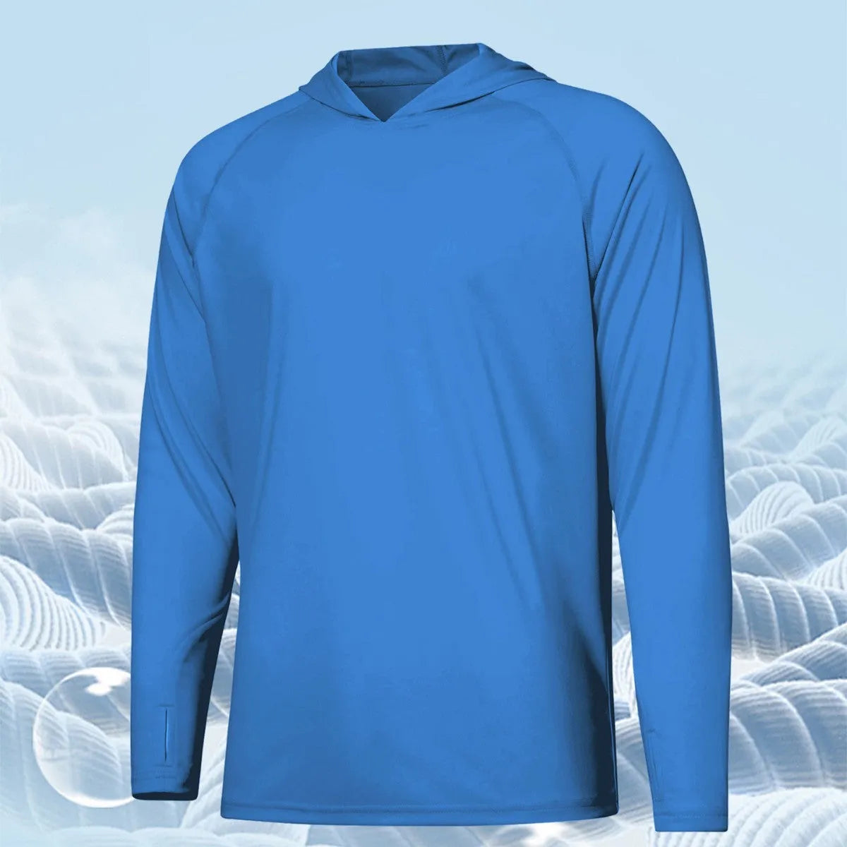 Man wearing a thin grey long sleeve hooded top for outdoor sun protection during fishing or hiking.