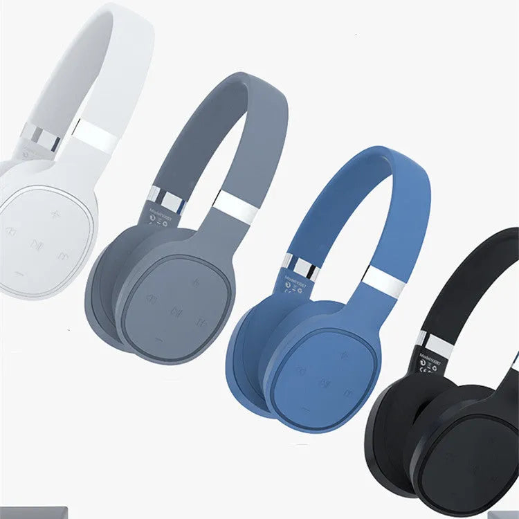 Wireless Bluetooth over-ear headset shown in black, blue, grey, or white colour options.