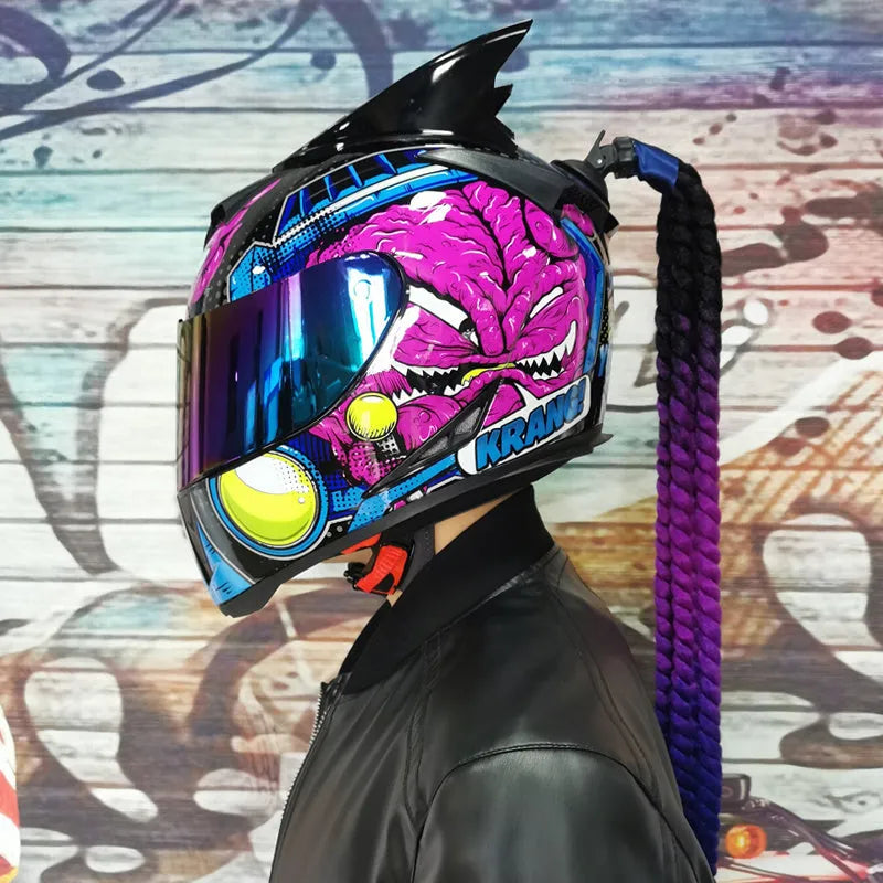 Dirty Braids design full face motorcycle helmet in graphic style like Blue Diamond on ABS shell.