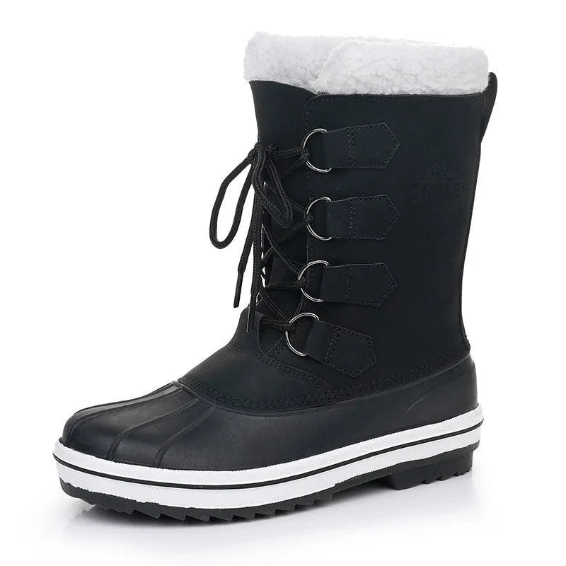 Women's waterproof snow boots in beige brown and black with crazy horse leather upper and rubber sole