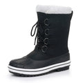 Women's waterproof snow boots in beige brown and black with crazy horse leather upper and rubber sole