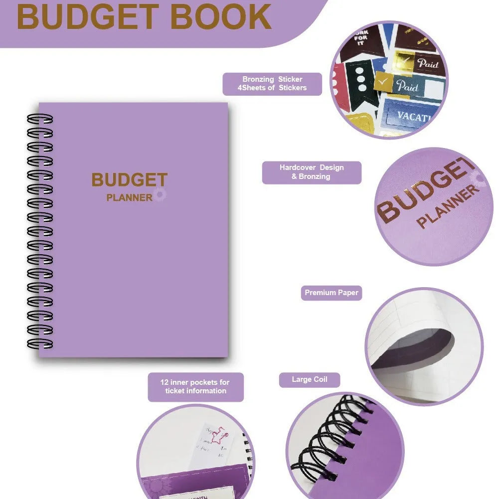 Purple coil-bound budget notebook with daolin paper pages, pen, stickers, and paper clips for financial planning