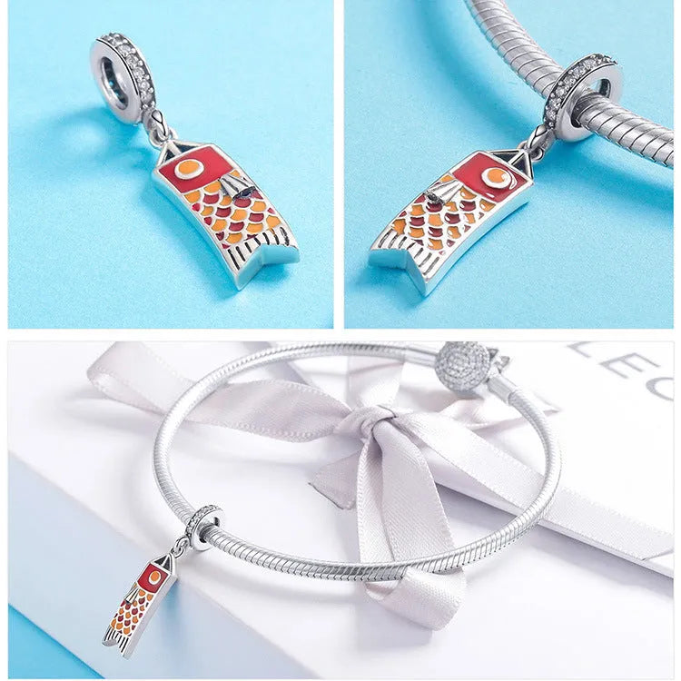 S925 sterling silver carp streamer pendant necklace with zircon stone accent