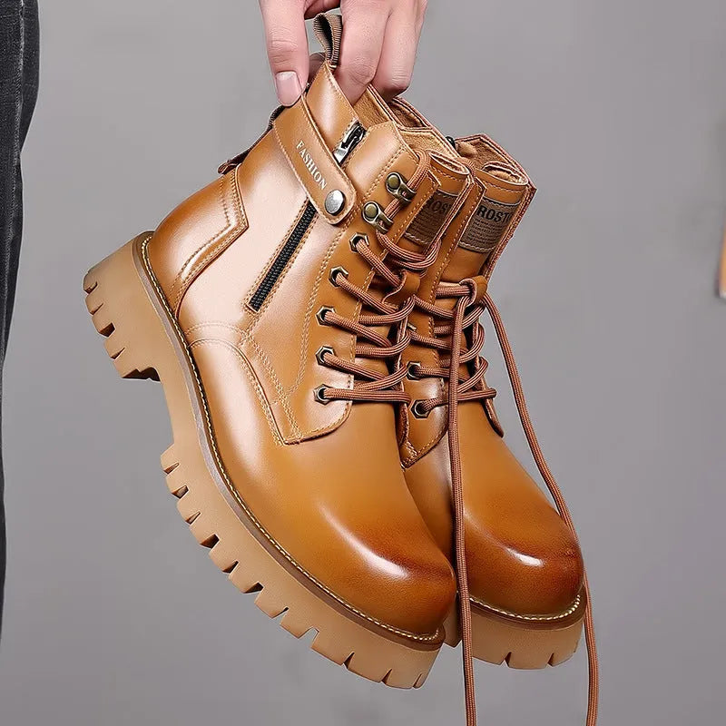 Men's light brown Martin boots with thick rubber sole and side zipper detail
