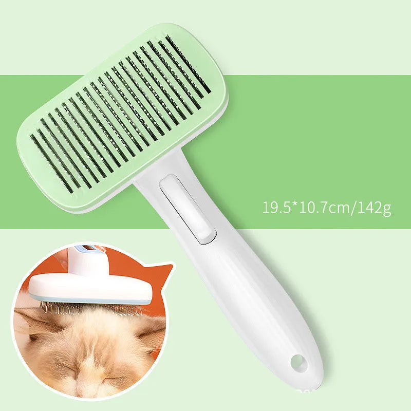 Automatic pet hair removal comb in blue colour with one-click operation for dog and cat grooming