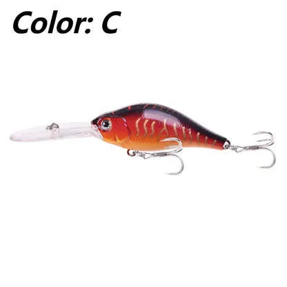 Mino fishing lure with deep diving long tongue board, 10.5cm length, 15g weight, five colour options