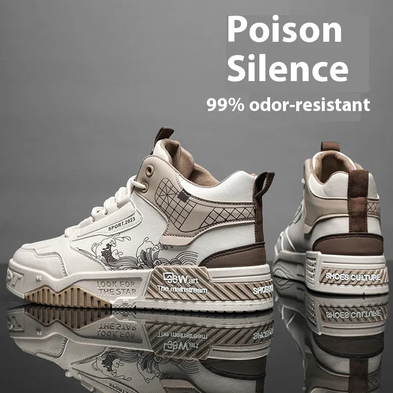Men's beige high-top board shoes with white laces and a rubber sole on a plain background.