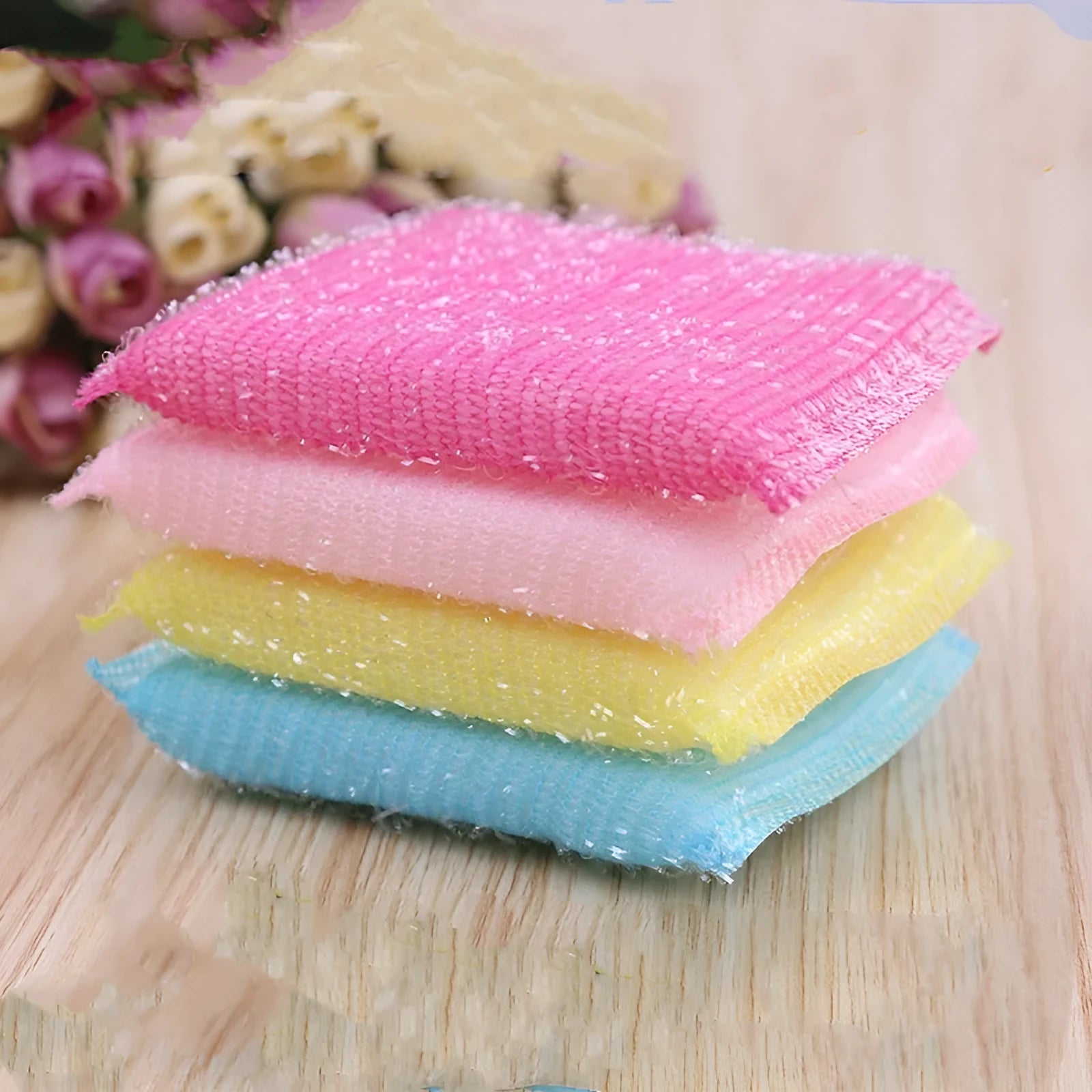 Pinstripe fabric dishwashing sponge mop in macaron colours measuring 12x8.5cm for wet and dry kitchen cleaning