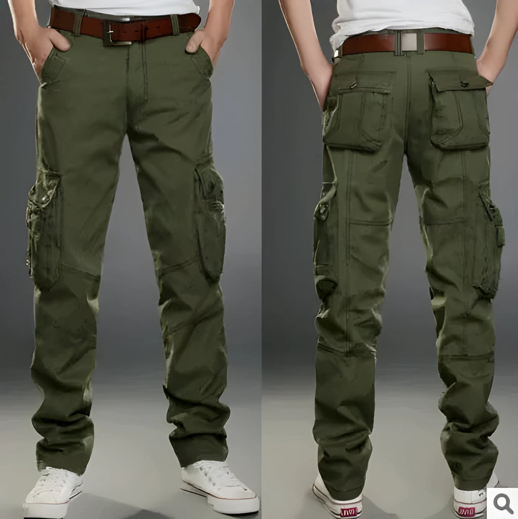 Men's cotton multi-pocket overalls in army green, straight-leg casual trousers for outdoor sports
