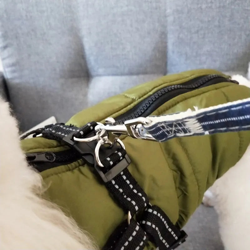 Waterproof dog coat with harness hole in rain silk fabric, available in multiple colours and sizes