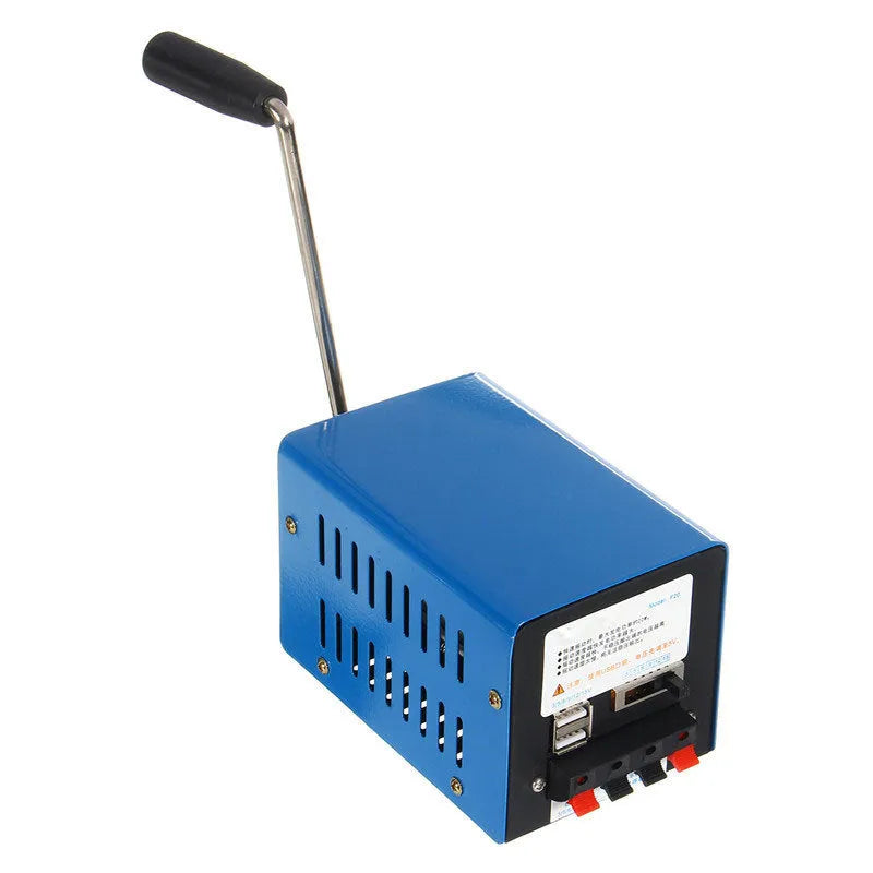 Blue metal hand crank USB power generator with anti-slip pads, dimensions 125mm x 80mm x 85mm.