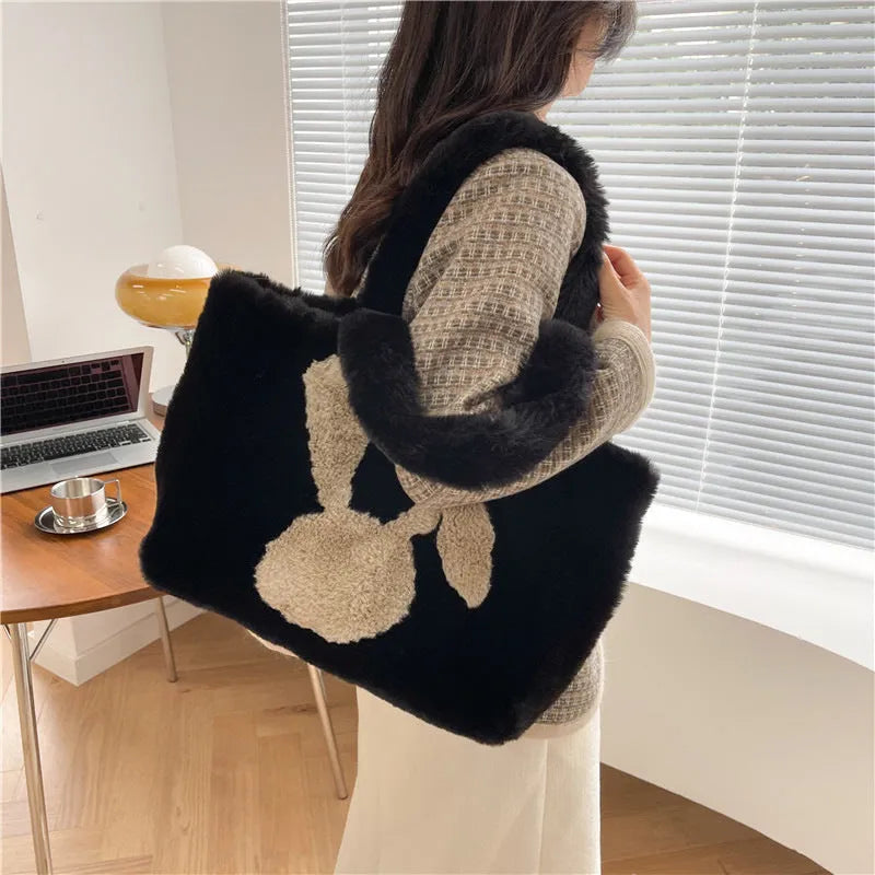 Cartoon rabbit ears plush shoulder bag in solid colour with large capacity