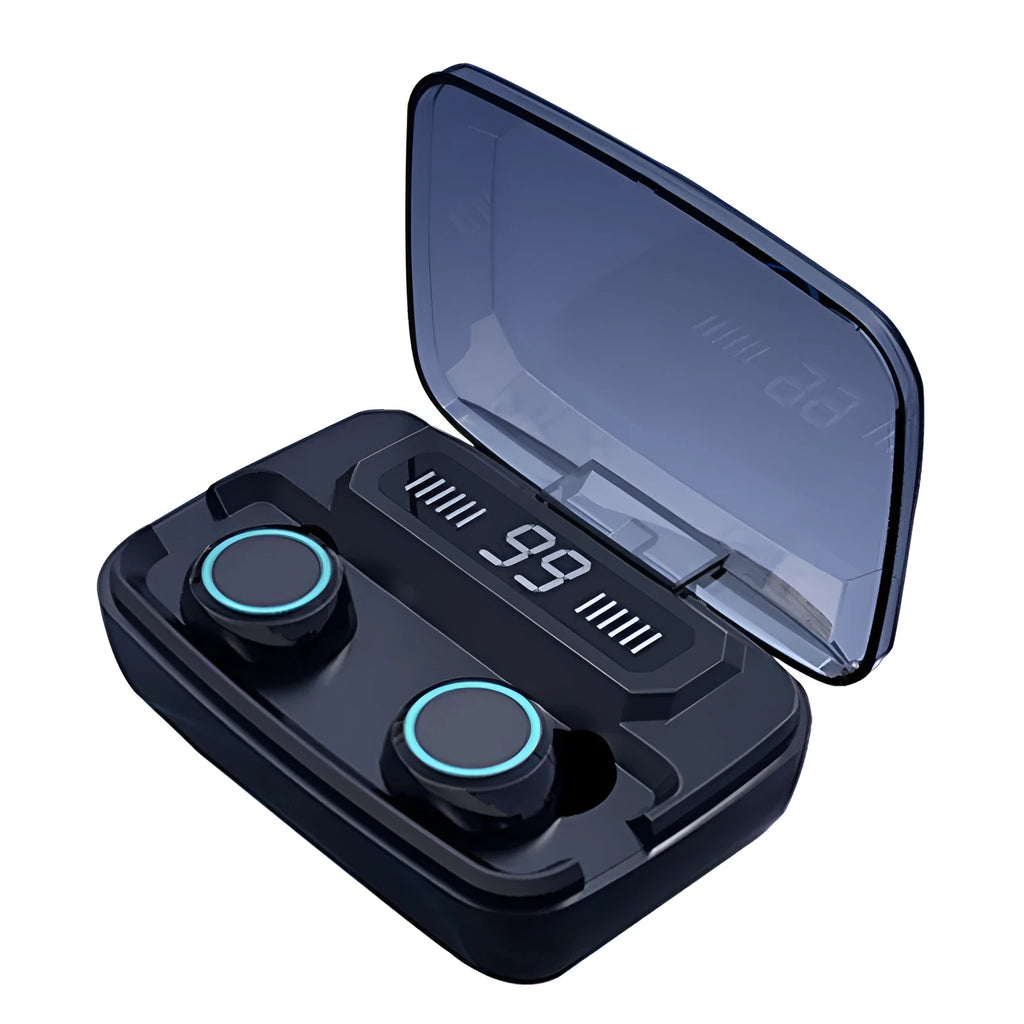 Black M11 Bluetooth wireless headset with digital display and charging case