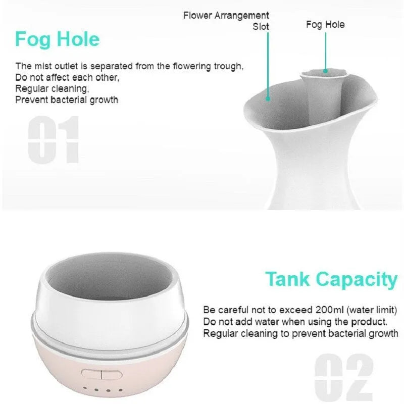 White or pink ultrasonic air humidifier and essential oil diffuser with colourful night light and 200ml water tank