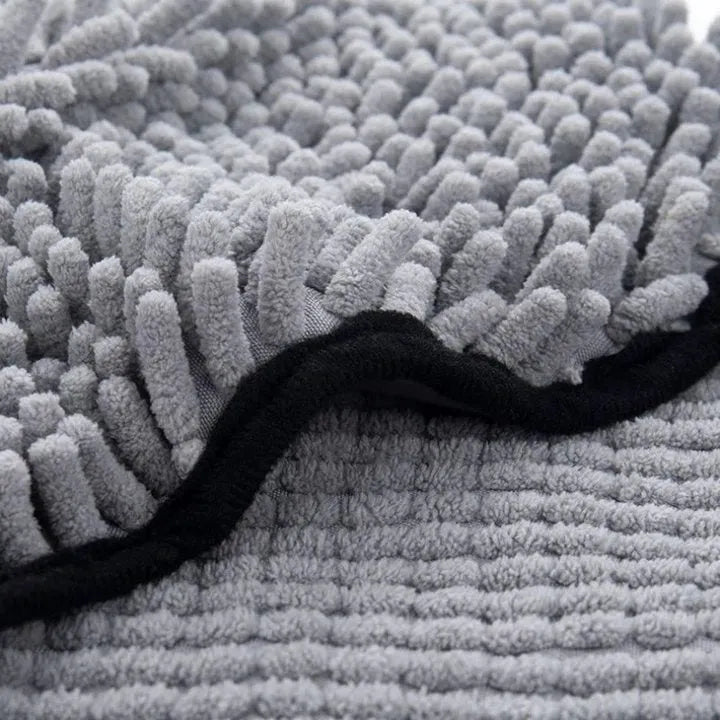 Quick dry dog bath robe towel measuring 62cm by 23cm in blue, grey, purple or red colours