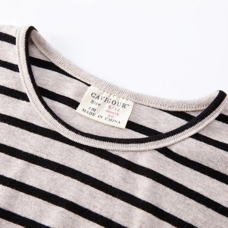 Fashion striped print kids baby girls cotton long sleeve T shirt in black and red on white background
