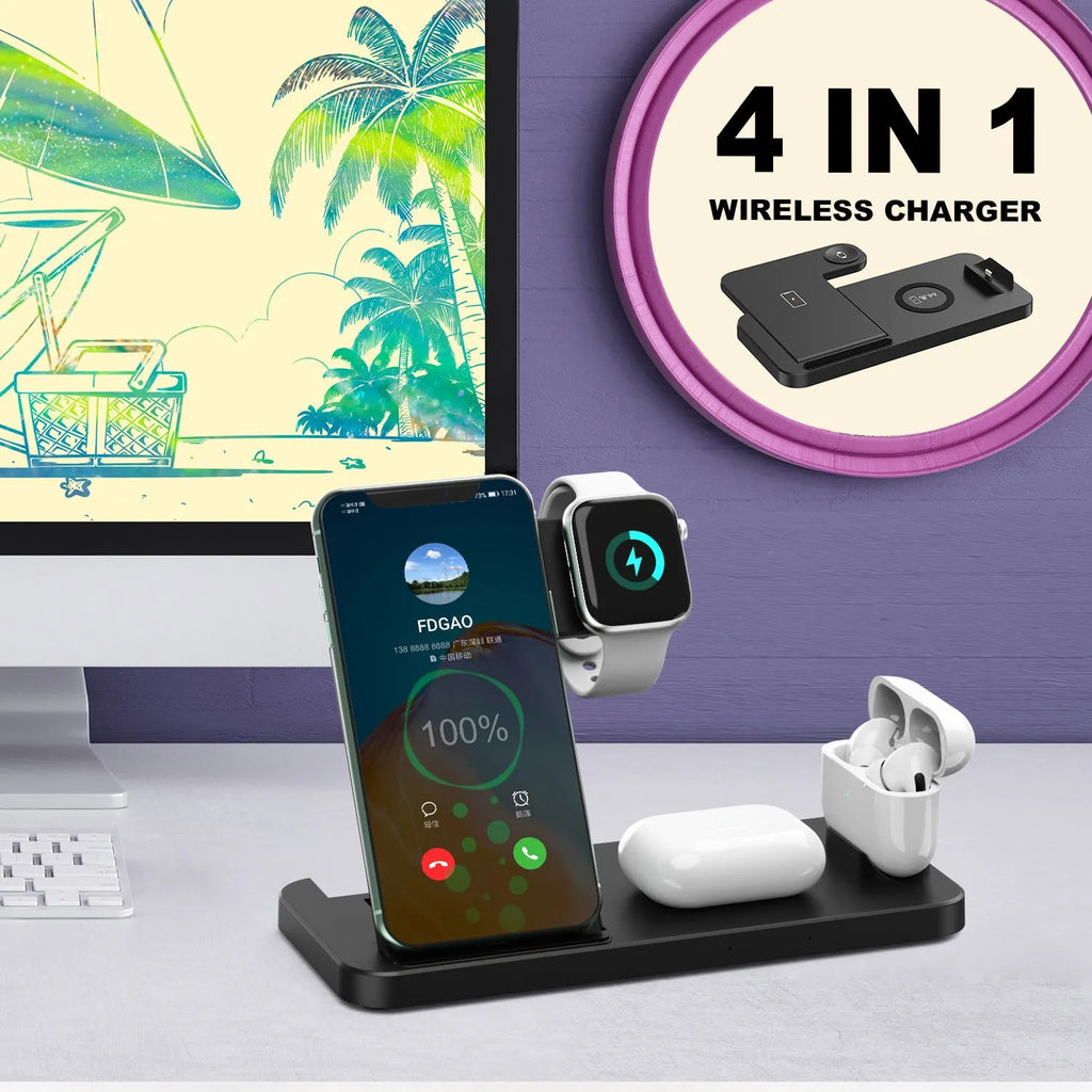 Fdgao 15W 4 In 1 desktop wireless charger in black with dual coils, charging a phone, Apple Watch, and Airpods