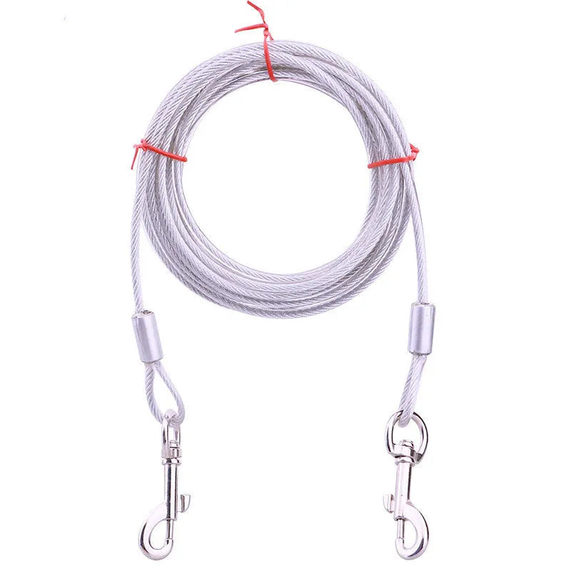 Double headed steel wire dog leash in blue with rope handle for walking two dogs