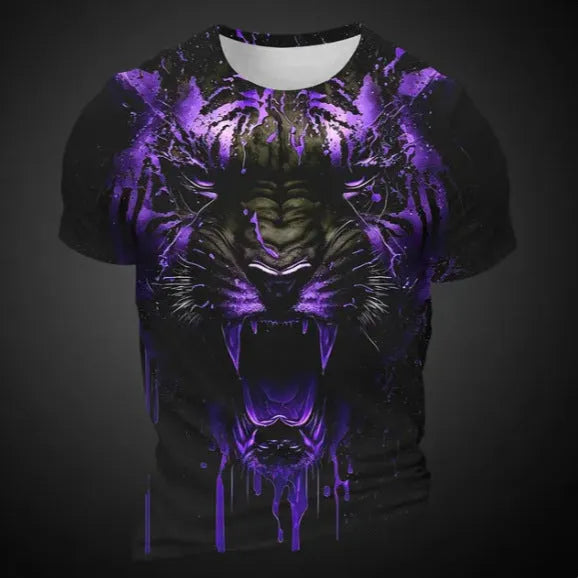 Man wearing a black T-shirt with a detailed 3D tiger graphic print on the chest.