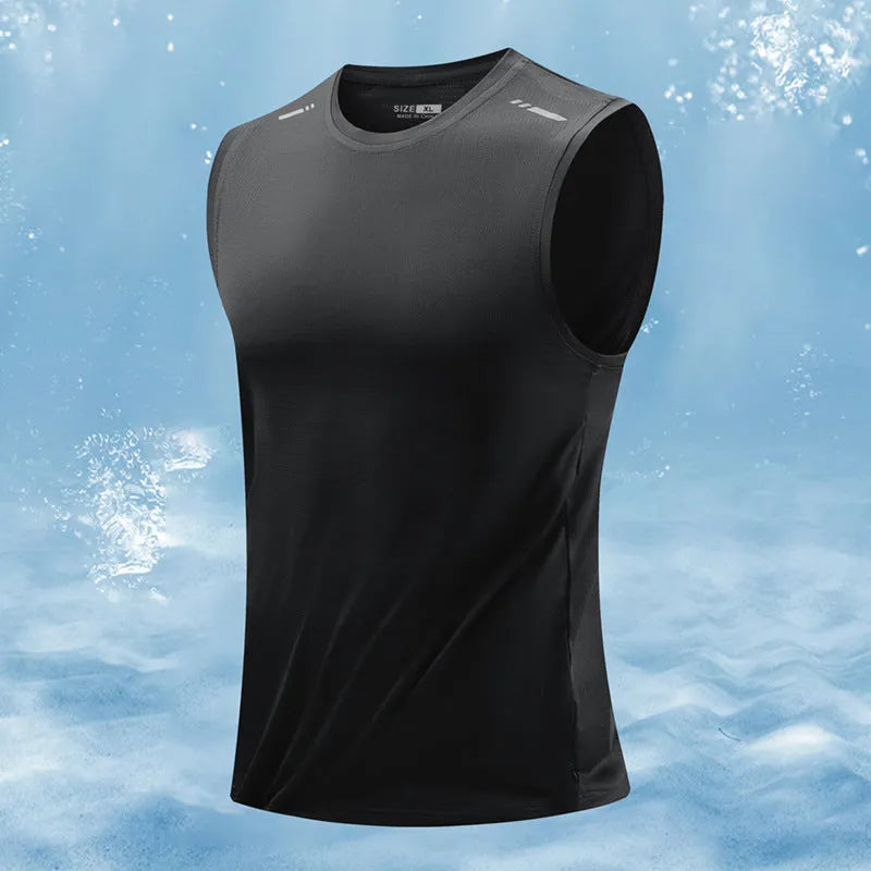 Men's loose-fit bamboo fibre polyester sleeveless vest in grey on a hanger.
