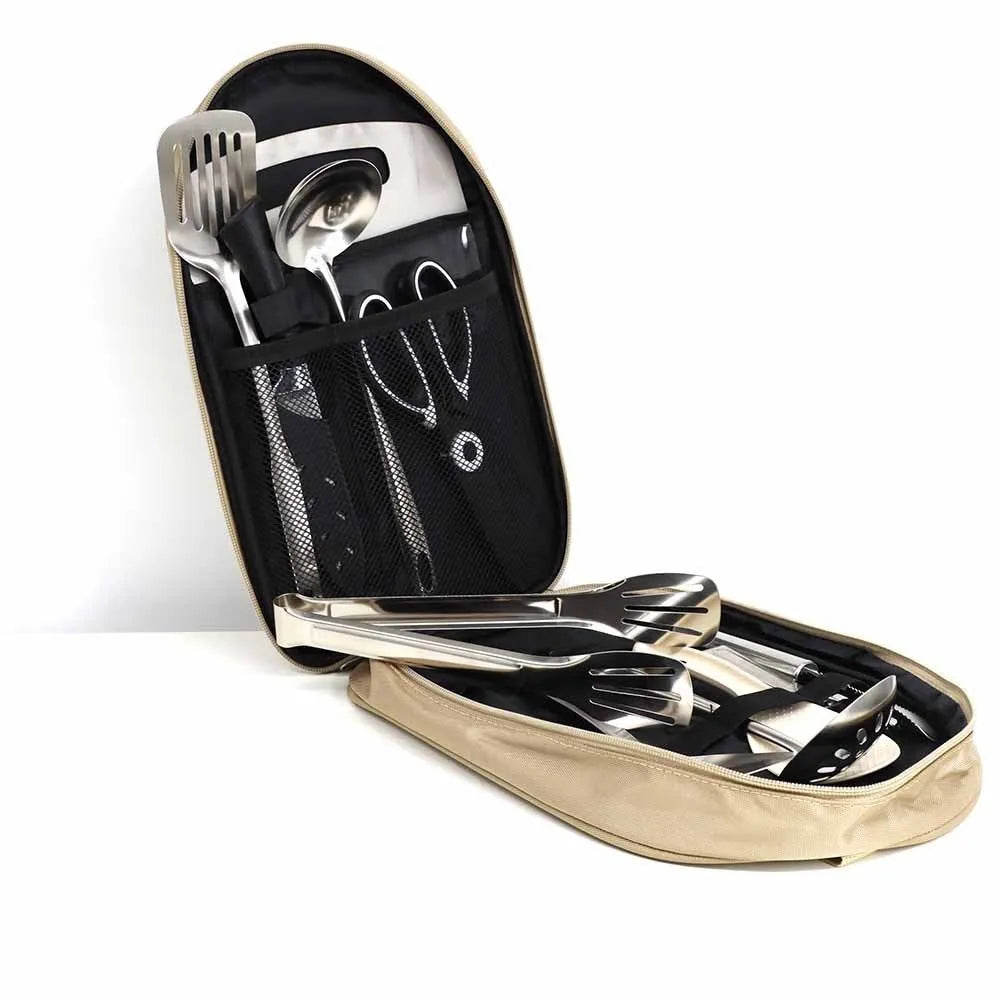 12-piece stainless steel picnic utensil set inside a khaki portable storage bag for outdoor dining.