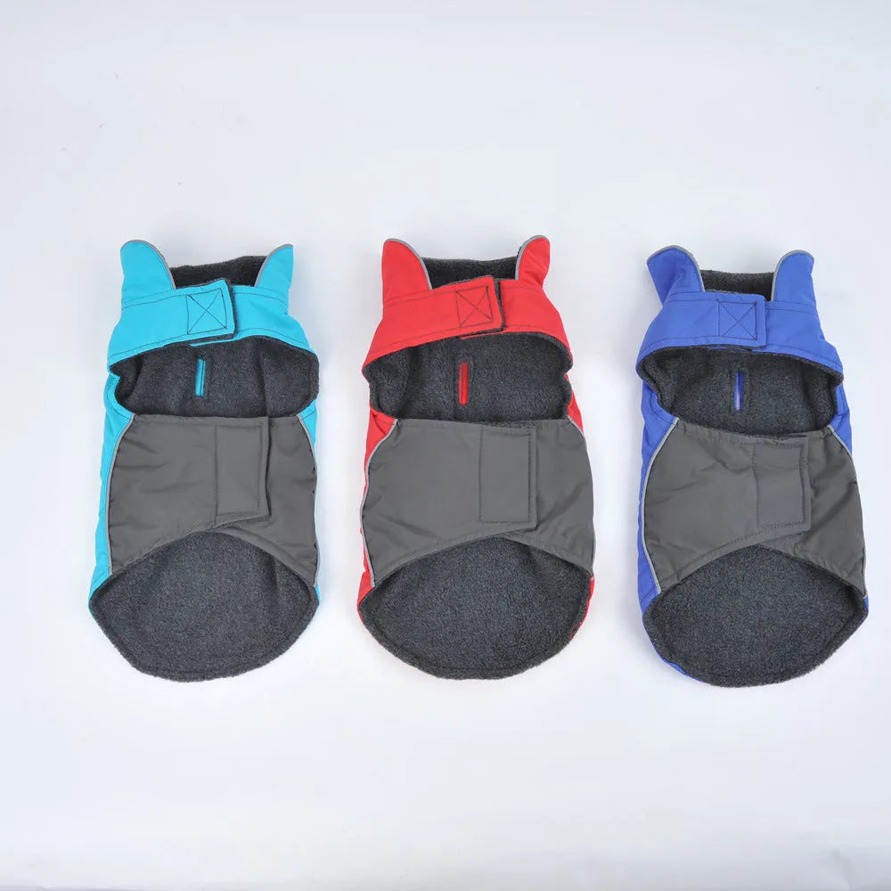 Waterproof vest jacket for dog in dark blue, showing vest style for autumn winter outdoor use.