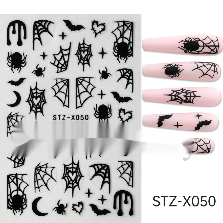 Plastic sheet of black, silver, and cartoon design nail art stickers for DIY manicures.