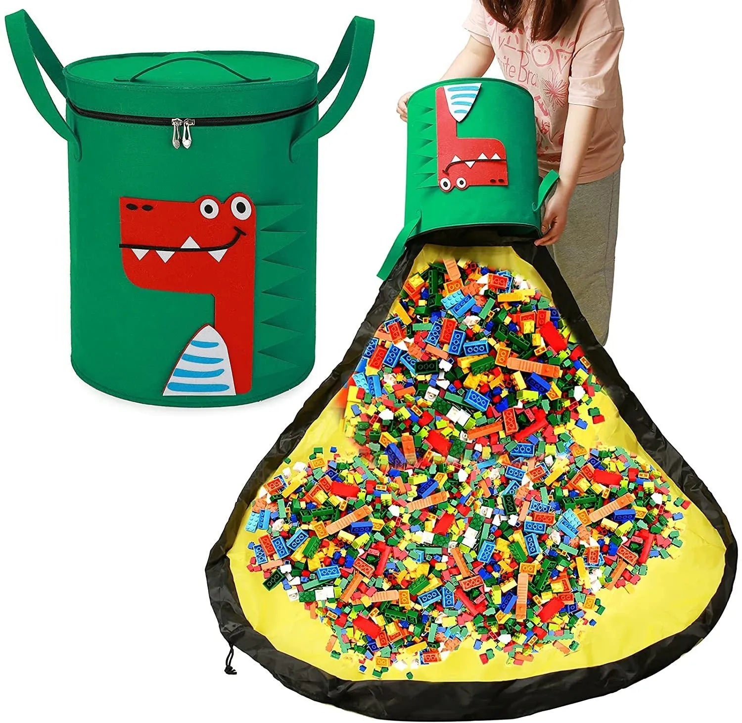 Green felt cube storage bag open as play mat with pull rope closure for children's toys